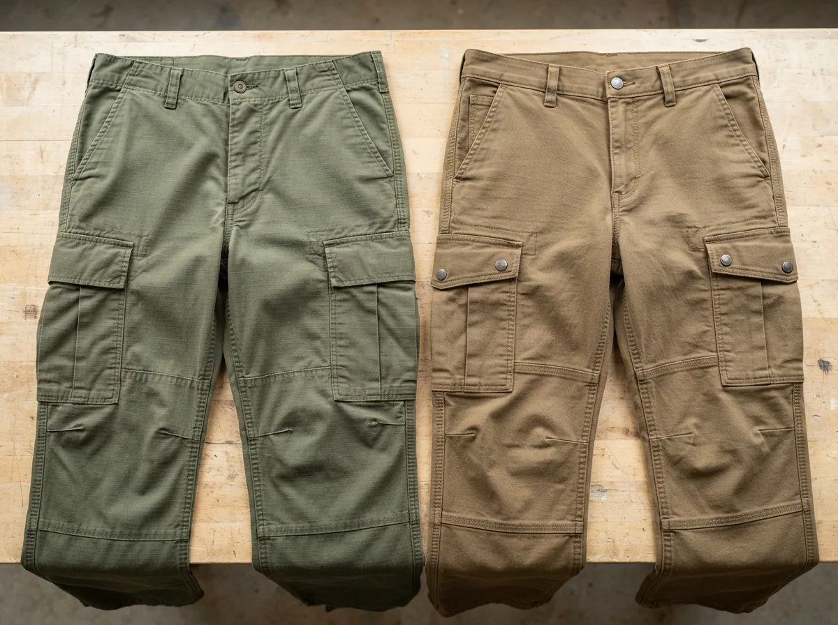 Comparison of cargo pant fabrics and fits on a neutral background.