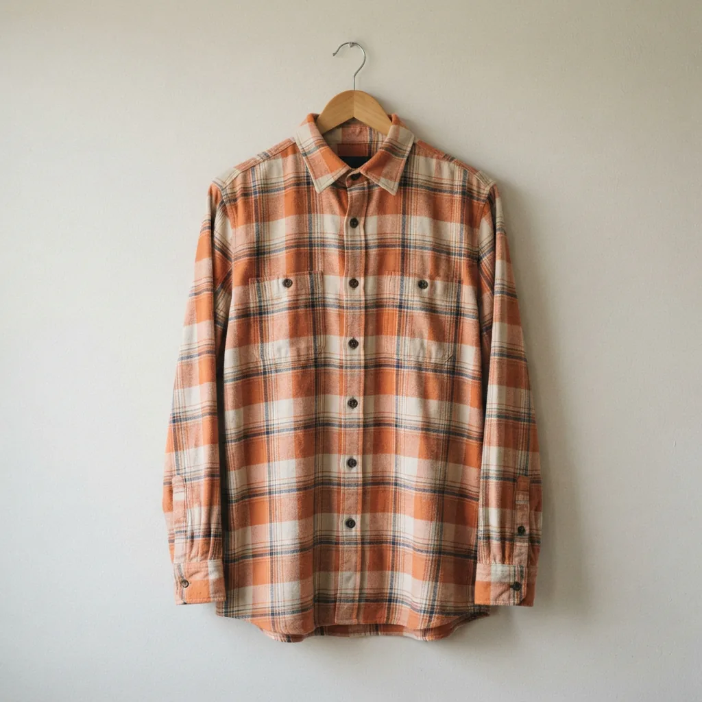 A mutual weave large tall plaid flannel shirt in orange cream, displayed to show its length.