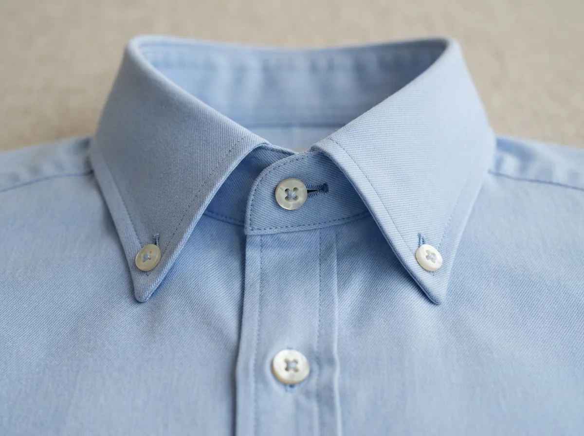 A close-up detail of a button-down shirt collar and placket.