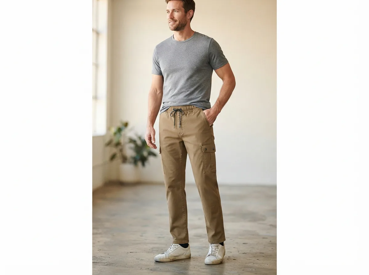 A model wearing the Mutual Weave Mens Pull-On Cargo Relaxed Straight Pants in khaki brown.