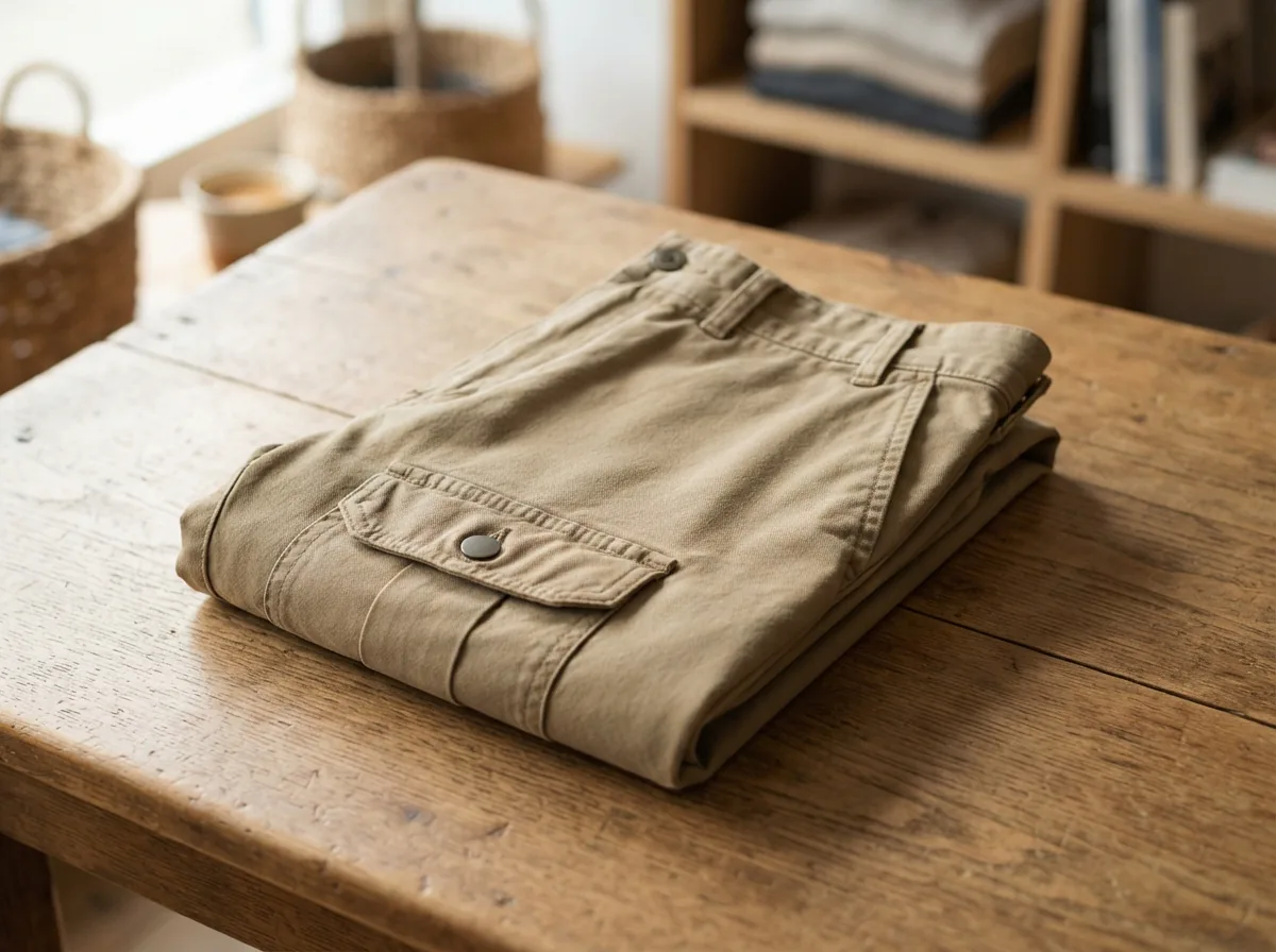 A pair of folded cargo pants with a question mark symbol overlay.