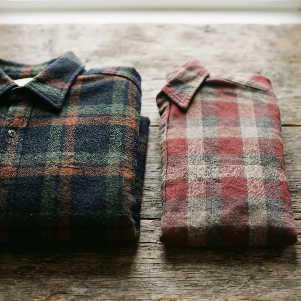 Close-up of different flannel fabric weights side by side on a table.