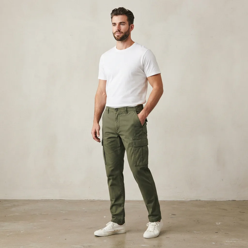 Model wearing the Mutual Weave Mens Relaxed Fit Ripstop Cargo Pant in a neutral color.