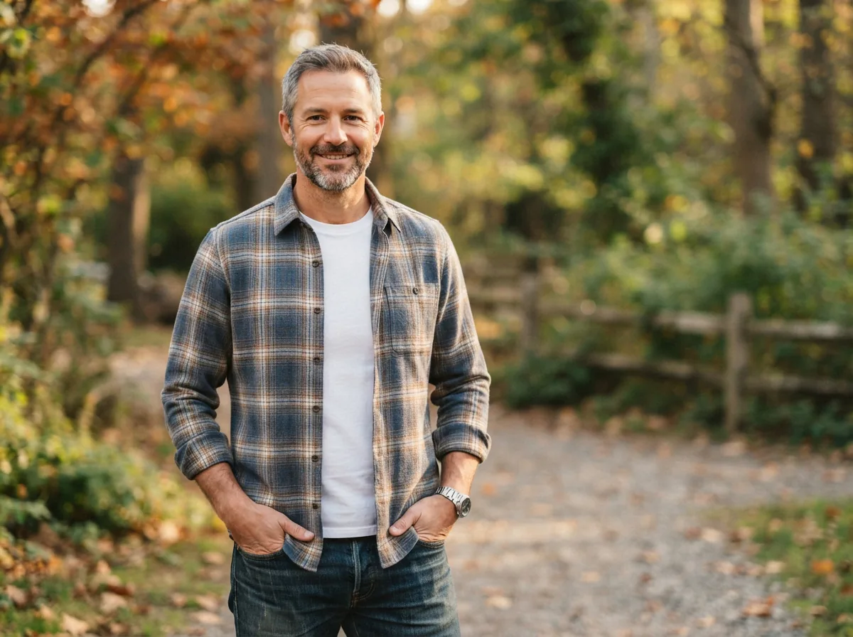 A man wearing a classic plaid flannel shirt, layered over a tee in a casual outdoor setting.