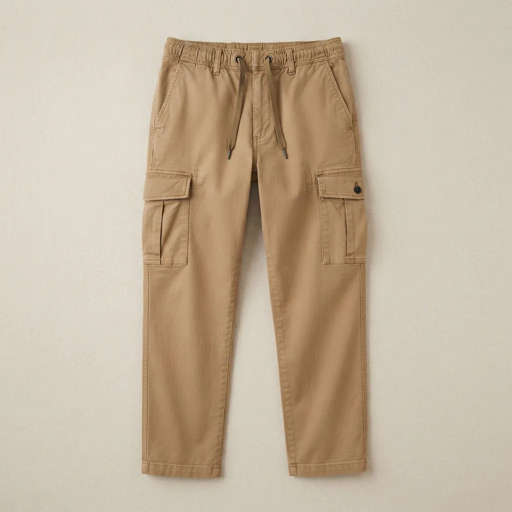 The Mutual Weave Mens Tan Cargo Pants laid flat, showing the elastic drawstring waist.