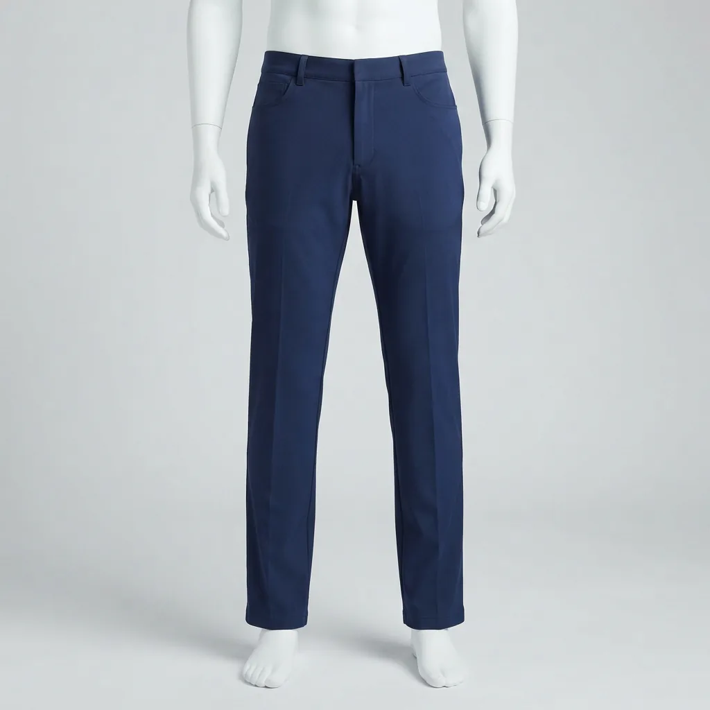 A pair of navy blue performance twill pants with a smooth, refined finish.