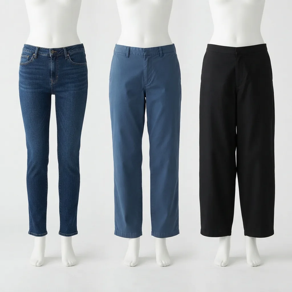 Three pant legs shown from the thigh down, illustrating a slim straight fit, a relaxed straight fit, and a loose fit.