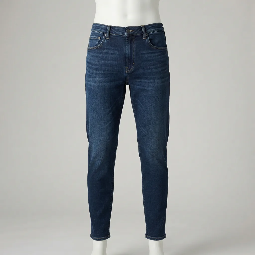 A pair of dark blue tapered-leg jeans designed for an athletic fit.