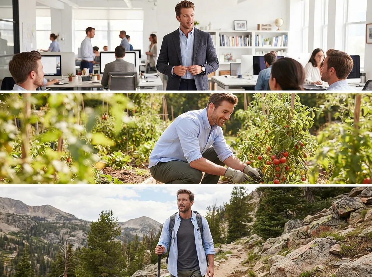 A montage of scenes showing button-down shirts in different settings: office, home, outdoors.