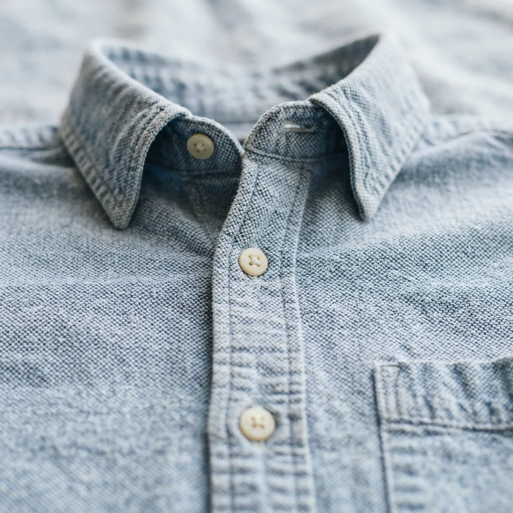 A close-up detail of the fabric texture on the Mutual Weave washed oxford shirt.