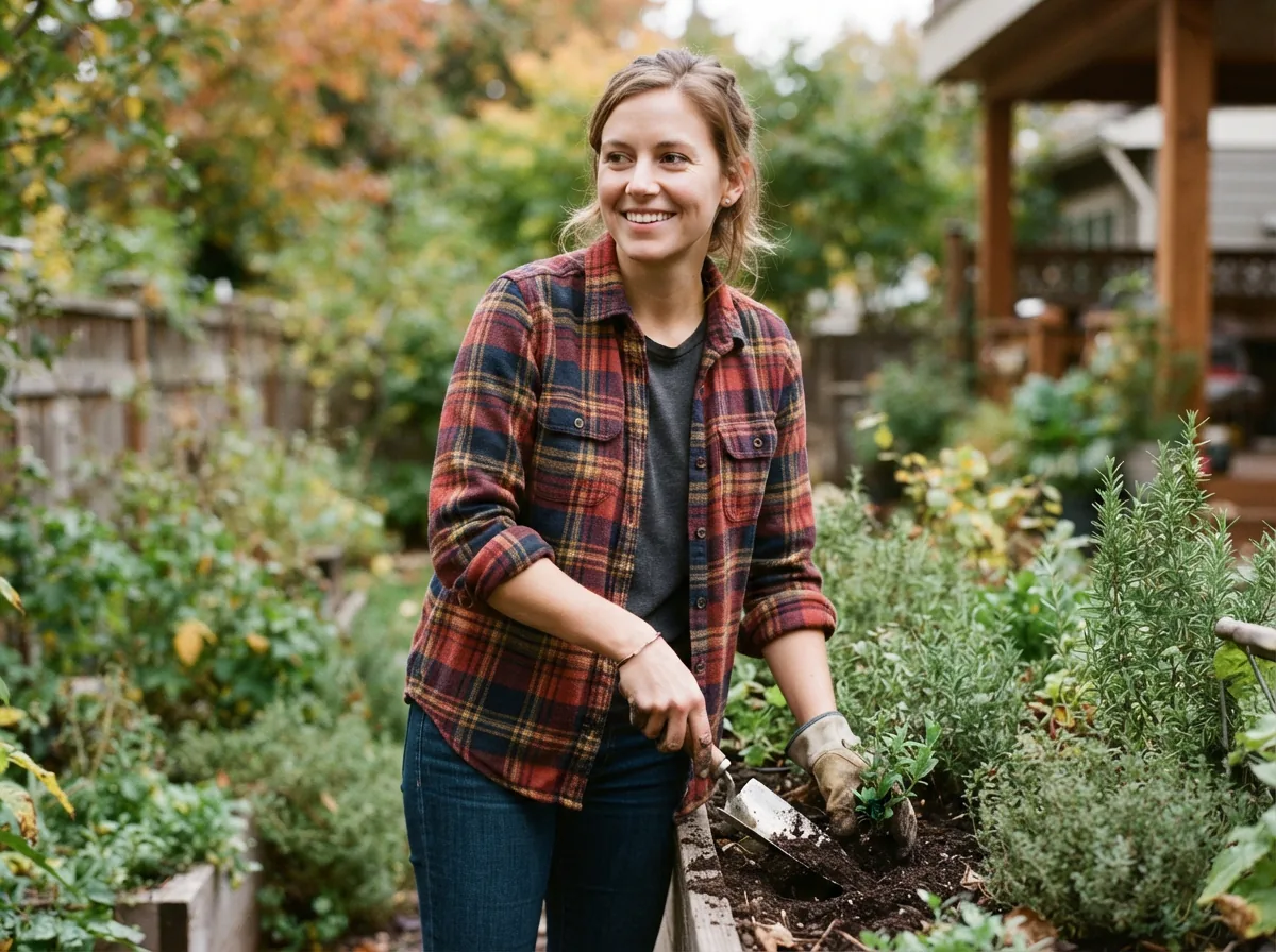 A person wearing a plaid flannel shirt in a casual outdoor setting, demonstrating everyday use.