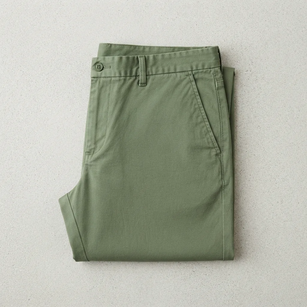 A pair of green chino pants with a straight fit, laid flat on a light background.