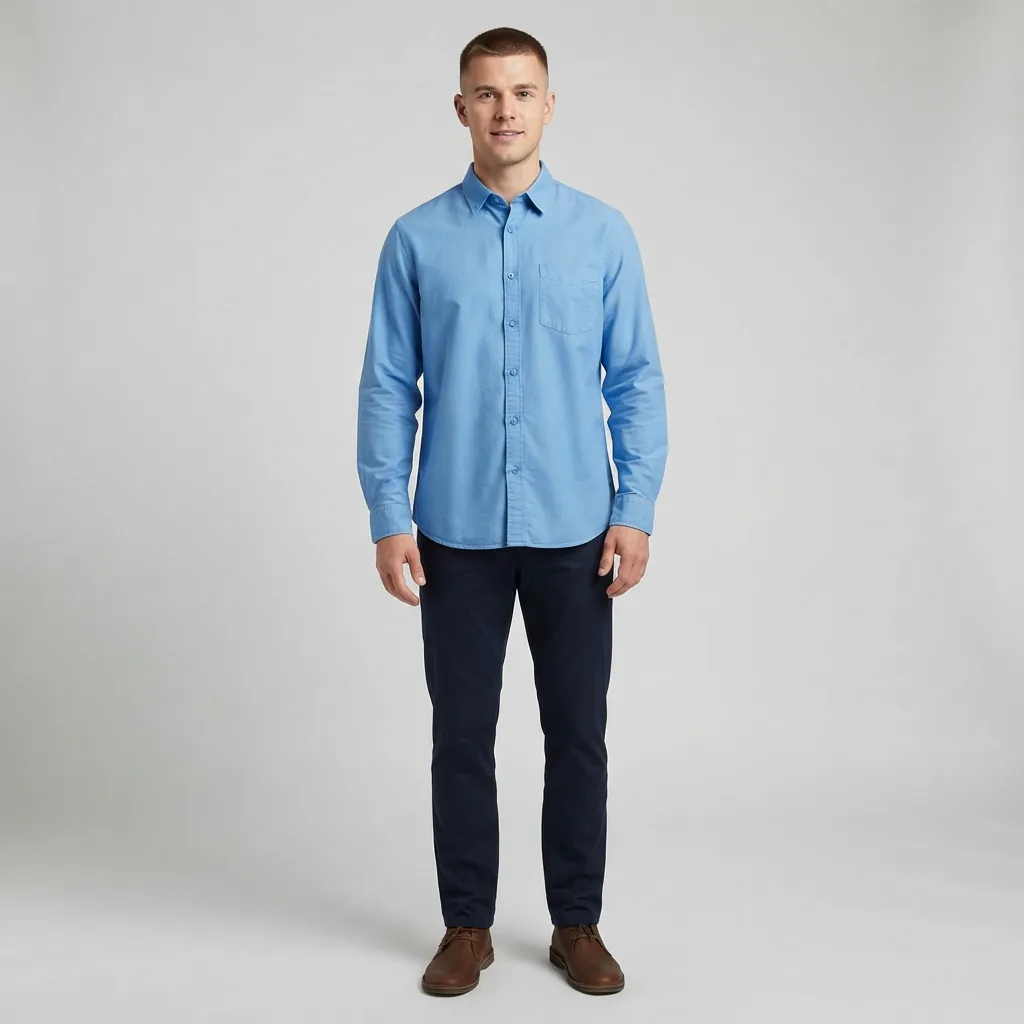 A model wearing a Regular Fit button-down shirt, showing the standard cut.
