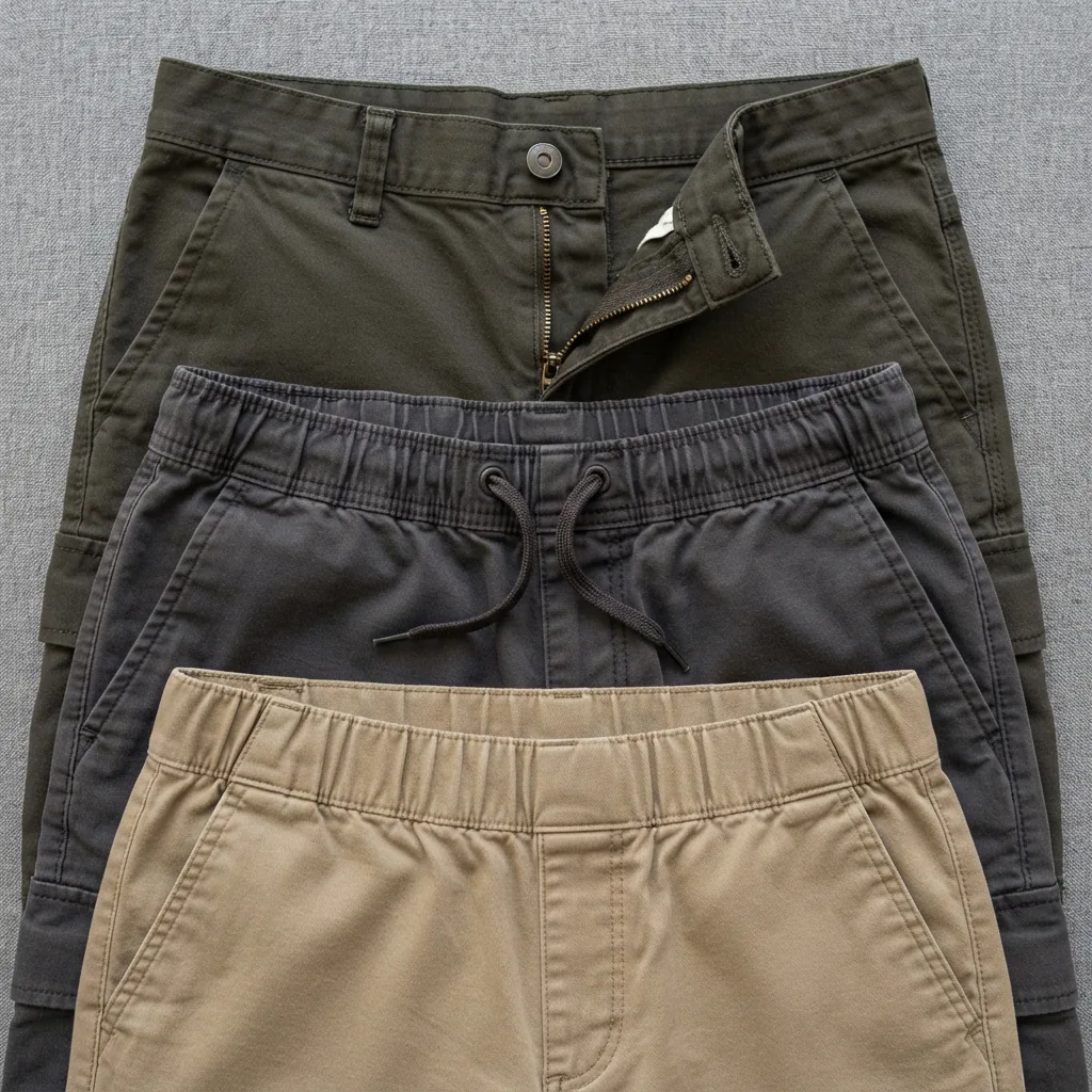 A detailed view of different cargo pant waistbands and closure types.