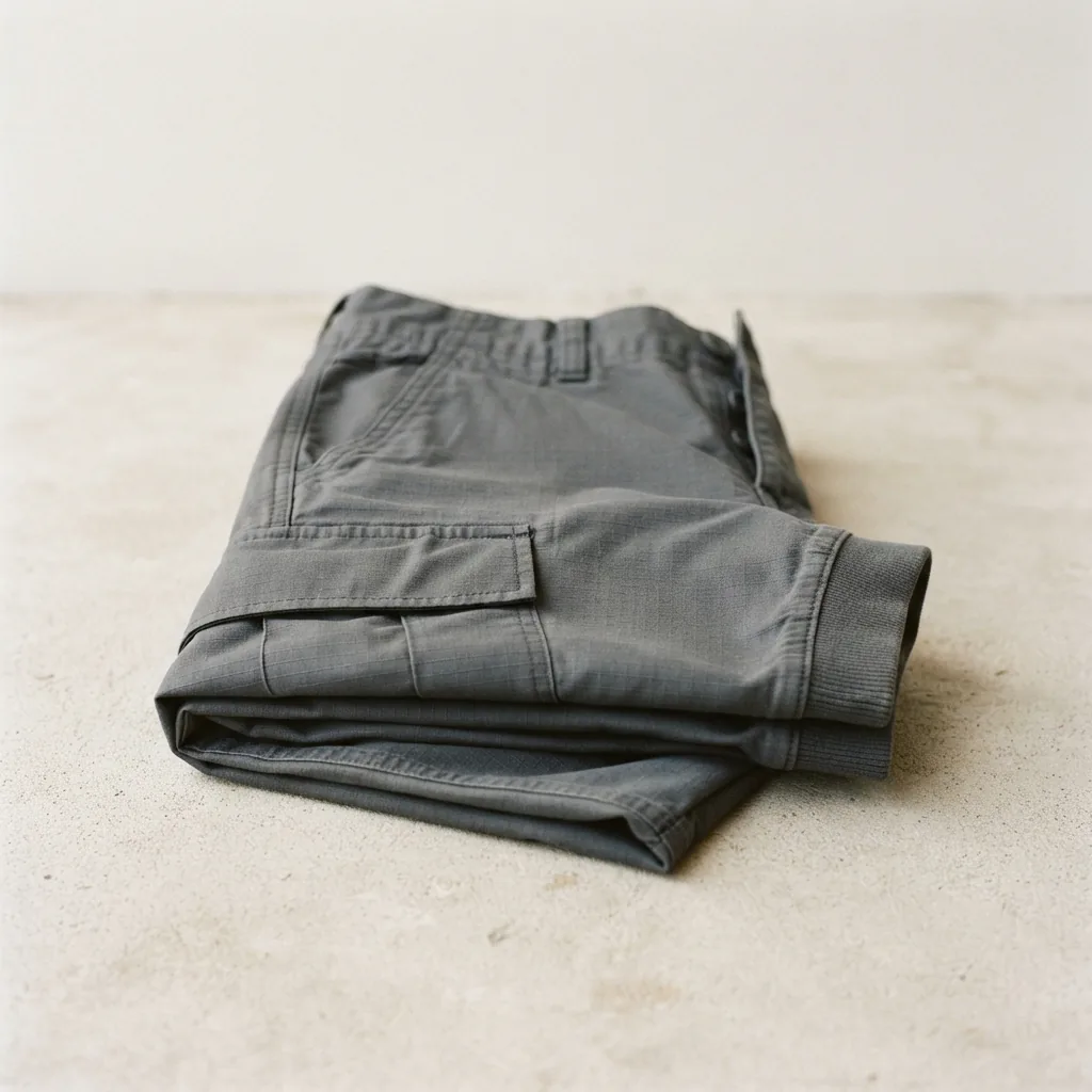 Pair of Mutual Weave cargo pants in gray with visible ripstop texture.